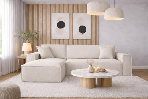 Kaiser Möbel, Ecksofa mit schlaffunktion, mit Bettkasten, Schlafsofa Best, Designer L-Form Sofa, Modern Design Couch, Polsterecke, Freistehend, Stoff Neve Ecru Links