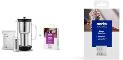 Aarke Purifier, Wasserfilterkaraffe aus Glas und Edelstahl & 3er-Pack Pure Filter Nachfüllbeutel – Reduziert Chlor, Schwermetalle und Kalk – Filtert bis zu 3x120 Liter Wasser
