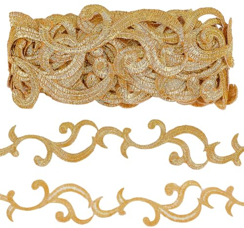GOMAKERER 4.16 Yard(3.78m) Metallischer Spitzenbesatz Zum Aufbügeln, 4.1cm Goldene Stickerei-Nähband Kantenbesatz Stoffbesatz Dekoratives Kleidungsband Florales Gurtband Für Heimwerker, Basteln