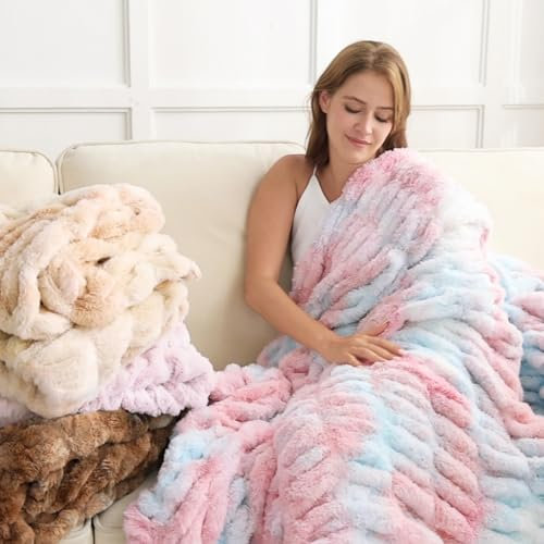 Softan Extra weiche Kunstfelldecke, warm gestreift, Kunstfell-Überwurfdecke mit Flanell-Fleece-Rückseite für Couch, Sofa, Bett, Wohnzimmer, Rosa-Blau, 152,4 x 203,2 cm
