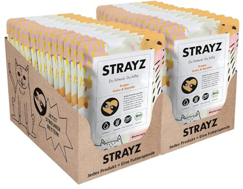 STRAYZ - Bio Katzensuppe für Katzen Huhn & Karotte – cremiger Flüssigsnack, Katzenleckerlis, Suppe für Katzen ohne Zucker & Getreide (28×40g)