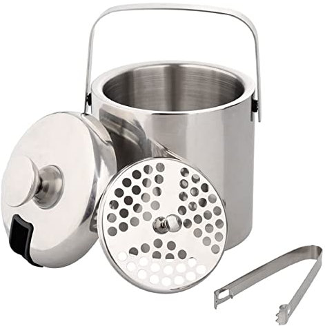 DDKYHU Eiskübel, doppelwandiger Eiskübel, 1,3 l, Eiswürfelbehälter aus Edelstahl mit Eiszangen-Clip-Deckel zur Aufbewahrung und als Barkühler, Getränkekühler/Bierkübel