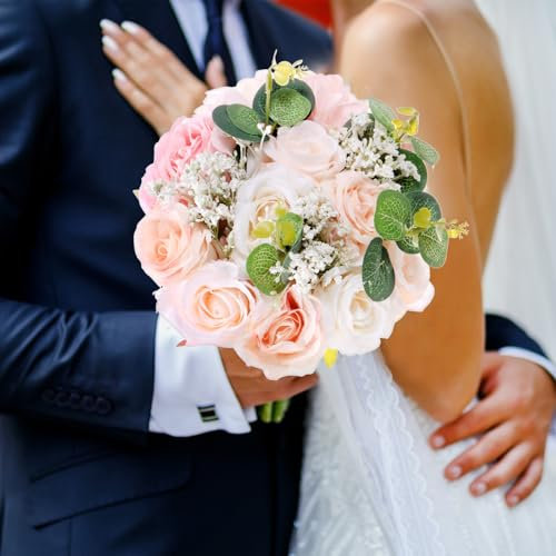 M METERXITY Wedding Bouquets for Bride, Artificial Flower Bouquet for Wedding Bridal Bouquets for Bride/Bridesmaid, Multicolor Bouquets with Silk Ribbon [Pink]