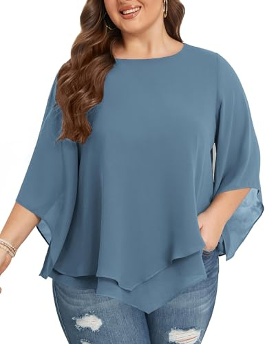 Hanna Nikole Camicette da donna di grandi dimensioni, in chiffon, maniche a 3/4, camicia a doppio strato, fluida, elegante, top larghi, camicia lunga, grigio/blu, 60