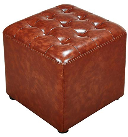 Quadratischer Leder-Pouf, Polsterhocker, Ottomane, Fußhocker, Massivholz, Wohnzimmer, Couchtisch, kleine Bank, Braun, 40 x 40 x 35 cm
