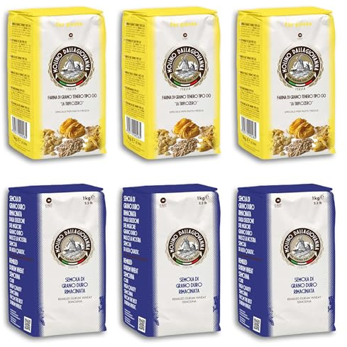 DELICRET - Pastamehl Set | 3x 1kg Pasta Mehl Typ 00 + 3x 1kg Semola Rimacinata von der Mühle Molino Dallagiovanna | Nudelgriess hartweizengrieß nudelmehl
