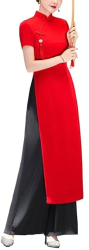 SXTYYH Robe Vietnamienne Ao Dai for Femmes Cheongsam Elégante Qipao Chinois Robe Traditionnelle été Hanfu for Le Quotidien(Rouge,XL)