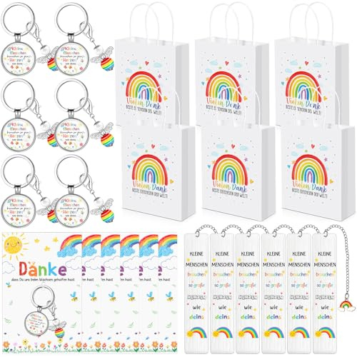 Clabby 24 Stück 6 Set Abschiedsgeschenk Kindergarten Kita für Erzieher Regenbogen Vielen Dank Papiertüten Dankeskarten Perlen Schutzengel Schlüsselanhänger Lesezeichen für Tagesmutter Dankeschön