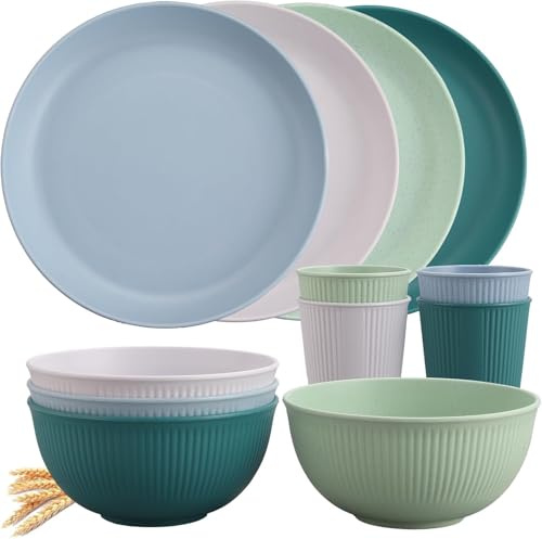 Tanice 12PCS Plastic Camping Plates Bowls Set Stackable Picnic Dishes for 4 | Includes Cups, BPA-free Plastic, Dishwasher Safe, 4 Colors White+Green+Blue+Dark Green, for Backyard Kitchen Travel