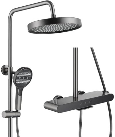 GLYYR Colonne de Douche avec Mitigeur Hauteur Réglable Ensemble de Douche Salle de Bain, Mitigeur Douche avec Tête de Douche Rond 27.4cm, Douchette, Bec de Baignoire Caché