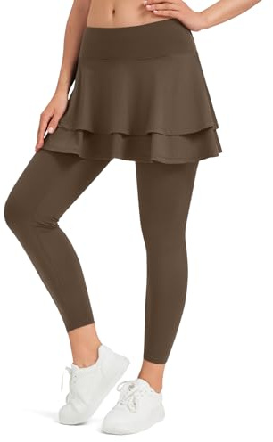 beroy Skirted Leggings for Women Active Tennis Ruffle Pleated Skort Athletic Golf Pickleball Skirt Pockets, Brown, Large