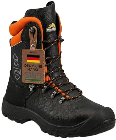 SWS Forst Schnittschutzstiefel S3 (Größe 45) – Klasse 2 Forststiefel mit Stahlkappe & Schnittschutz – KWF zertifiziert – Rindsleder – rutschfeste Sohle nach EN ISO 17249