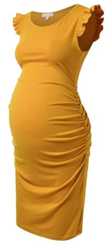WJLYDM Sommar elastiska gravidklänningar volang ballong ärm sida baby shower bodycon klänning för gravida kläder för gravida kvinnor (gul, M)