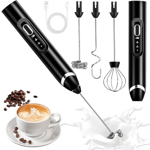 BBLTIFF Mousseur à Lait Électrique, Mousseur de Lait Rechargeable USB avec 3 Têtes d'Agitation, Mini Fouet Electrique Portable 3 Vitesses Réglables pour Café, Crème, Cappuccino, Latte, Œufs, Jus