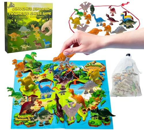Toynificent Magnetisches Schachspiel, Tragbares Magnetspiel, Magnet Schach mit 20 Dinosaurier, Seil & Tasche, Reisespiel, Reiseschach, Partyzubehör für Familien