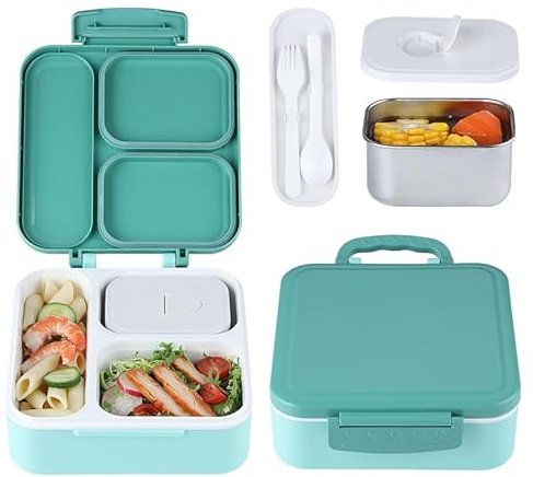 MEEYUU Bento Lunch Box with 330ML Soup Thermo, Kids Leakproof Lunch Food Containers with 3 Compartment, Kids Thermo Insulated Hot Food Jar for School, Trvael (Green)