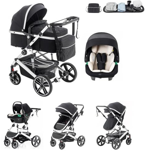 Kakbgee Passeggino Combinato 3 in 1, Passeggino per Bambini con ECE R129 Seggiolino Auto, Telaio in Alluminio ad alto Campo visivo Passeggino, Nero (0-4 Anni, 22KG)