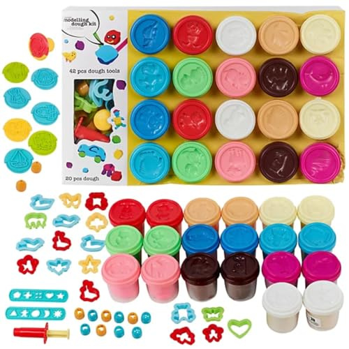 URBN-TOYS 42-Piece Modelling Dough Kit for Kids – 20 Multi-Coloured Dough Pots, 22 Tools, Cutters & Moulds – Educational Craft Set for Creativity, Sensory Play & Fine Motor Skills