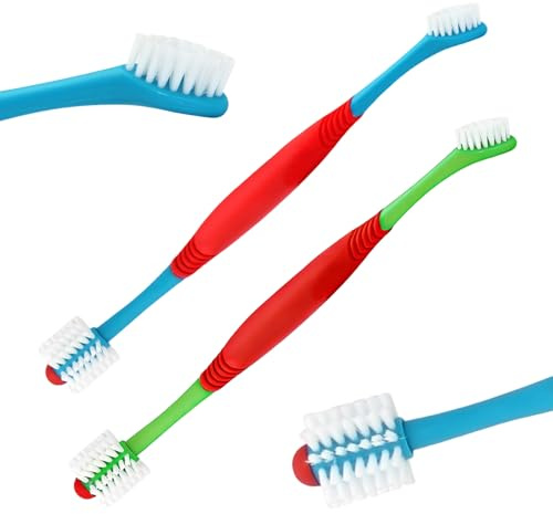 Solvind 2 Pack Double Headed Dog Toothbrushes, 360° Dual Ended Pet Toothbrush Set for Cats & Dogs, Soft Bristles Dental Care Kit for Plaque Tartar Removal, Blue + Green