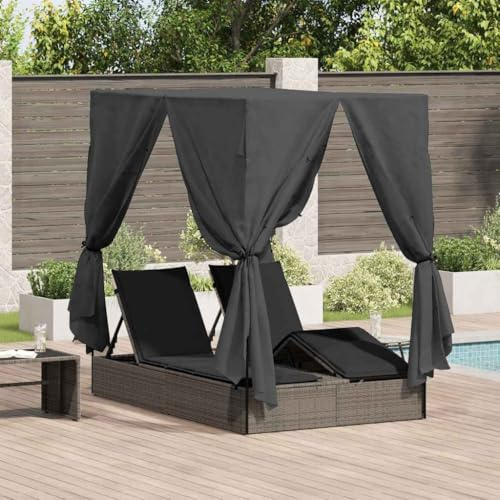 VIHHQGC Double Sun Lounger with Roof Gray 205 x 129 x 200 cm PE Rattan, Includes Roof Fabric 8 Side Curtains 2 Seat Cushions, Adjustable Backrest, Weatherproof Outdoor Furniture