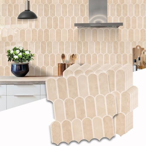 3D Klebefliesen Küche Beige, Hochwertige Peel and Stick Tiles 10 Stück | Long Hexagon Fliesen Selbstklebende für Wasserdicht in Küche und Bad, 2,5 mm Dicke, 10 Stück 30,5 x 30,5 cm