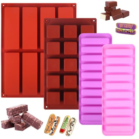 4Pieces Chocolate Bar Moulds Silicone Baking Moulds Granola Bars Mould | Anti-Stick BPA Free Silicone Moulds for Baking Square Rectangle 8 10 15 Cavity Cake Moulds for Butter Bread Brownie Soap