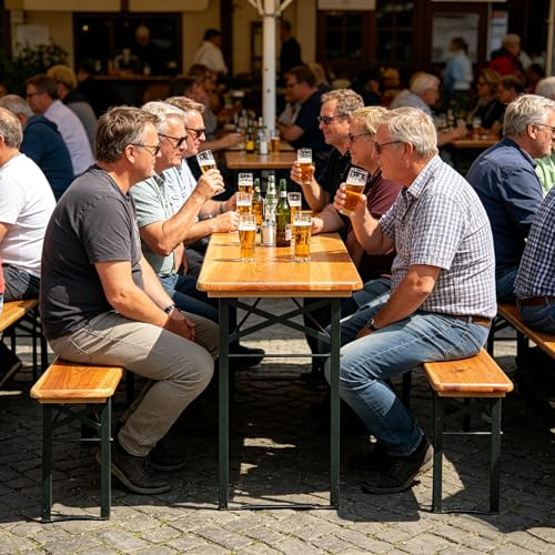Ball & Cast Bierzeltgarnitur 3-teilig, Biertisch Klapptisch mit 2 Sitzbänken, Biertischgarnitur, Wetterfester Kiefer Massiv, Natur, 220 cm
