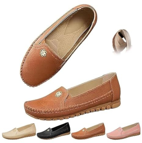 Chaussures orthopédiques en cuir légères, antidérapantes et respirantes pour femme, mocassins à enfiler avec fleurs, chaussures de marche décontractées et confortables, camel, 39.5 EU
