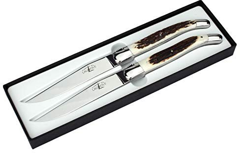 Forge de Laguiole - 2er Set Steakmesser - Griff Hirschhorn - Edles Steakbesteck - Stahl glänzend