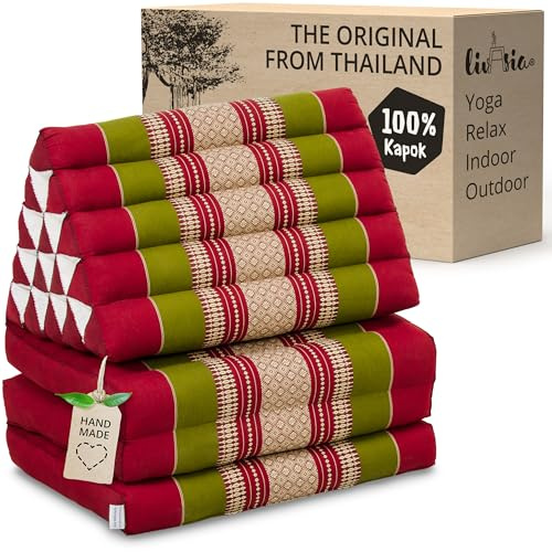 livasia Thai cushion with 3 seat rests - 73x22x3.1″ - extra high, Triangle cushion with folding mattress, Kapok, Jumbo back support cushion, Thai mat, folding, Hand made (Red/Green)