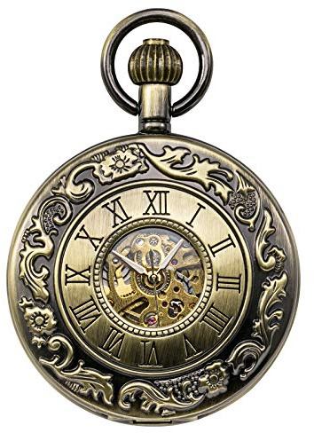 TREEWETO Vintage Taschenuhr mit Kette Herren Mechanisch Bronze | Handaufzug, Analog, Antik Skelett, römische Ziffern, 50mm großes Zifferblatt, Steampunk, Sprungdeckel, Retro, Gothic