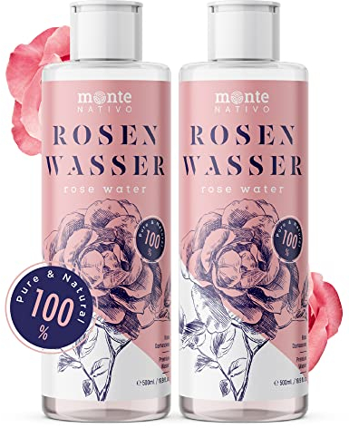 100% Pure Rose Water MonteNativo 2 * 500ml (1000ml) - 100% Natural and Pure, Facial Skin Toner, Natural Rose Hydrolat, Tripple Purified, Floral Rose Water