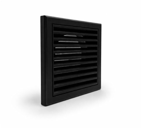Fantronix 100 mm Fixed Blade Wall Vent with Fly Screen – Black | Rear Spigot Connection, 155 x 155 mm Face, Suitable For Ducting Systems And Extractor Fan Outlets.