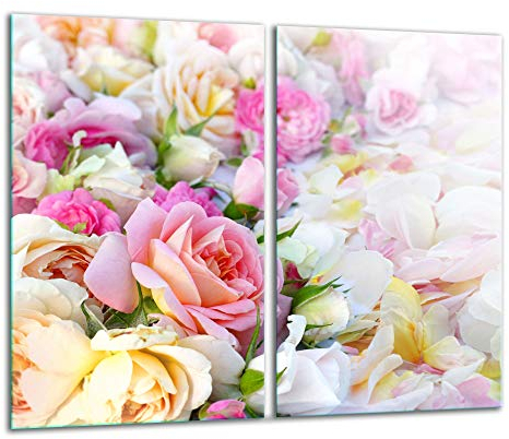 TMK | Herdabdeckplatten 2 Teilig 2x30x52 cm Ceranfeldabdeckung Küche Elektroherd Induktion Herdschutz Spritzschutz Glasplatte Schneidebrett Blumen