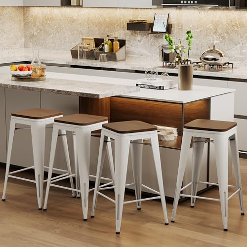 Alunaune 26 Metal Bar Stools Set of 4 Industrial Backless Counter Height Barstools Stackable Kitchen Patio Stool Wood Top-White