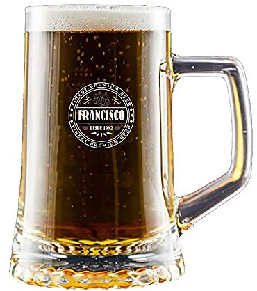 Regalo personalizado: jarra de cerveza grabada con un sello de autenticidad con su nombre y año de nacimiento en estuche de cartón.