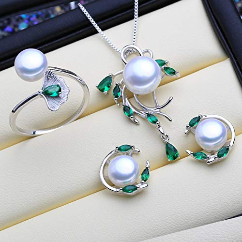 925 Sterling Silber Smaragd Perle Schmuck Sets Natürliche Ohrstecker Böhmische Anhänger Halskette Frauen Grüne Steine ​​ring