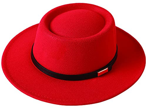 Lanzom Damen Vintage breite Krempe warme Wolle Fedora Hut Gürtel Panama Hut Filz Jazz Hut, rot (a), Medium