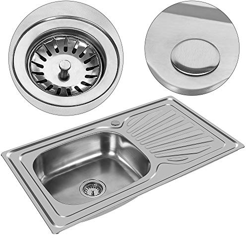 Lavello in acciaio inox, Lavello da incasso con foro per rubinetto,lavello in acciaio inox,Lavello Cucina Vasca con Gocciolatoio DX in Acciaio da Appoggio(90 * 50 * 15 cm (argento))