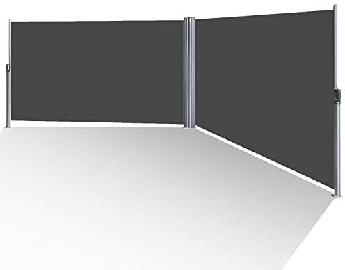 SWANEW Doppelseitenmarkise 180x600 Ausziehbar doppelseitenmarkise Markise Sonnenschutz Windschutz Sichtschutz Balkon Garten Terrasse Grau Seitlicher Bildschirm Gartensichtschutz