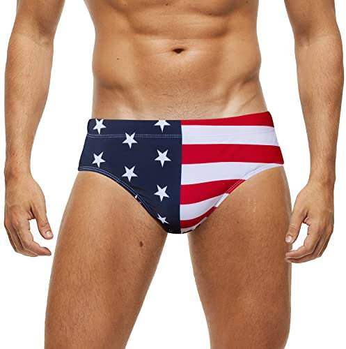 Arcweg Men's Swimming Trunks Briefs Low Waist with Removable Pad Swimwear Elastic Beach Shorts Boxers Underwear National Flag XL(EU)