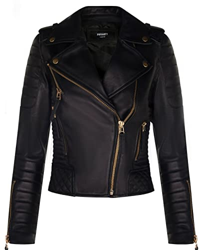 Infinity Leather Chaqueta para Damas en Napa Real Acolchada Negra y Dorada Mate Estilo Motero Gótico