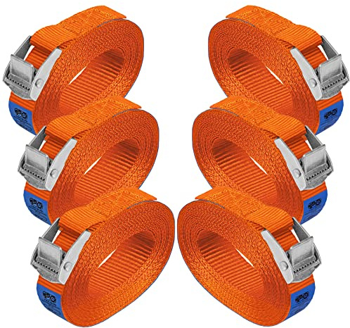 Zurrgurt Spanngurt Befestigungsgurt Klemmverschluss Befestigungsriemen orange - belastbar bis 250 kg DIN EN 12195-2, 6er Pack 2.5 cm x 2.5 m