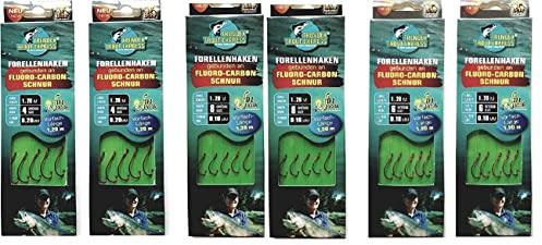 Set: 2-6 Packungen gebundene Forellenhaken (10-30 Stück) an Fluoro-Carbon Schnur Vorfach, Hakengröße 4, 6 & 8 von Behr + gratis Petri Heill! Aufkleber (Mix. 2 Pack Gr. 4, 2 Pack Gr. 6 & 2 Pack Gr. 8)