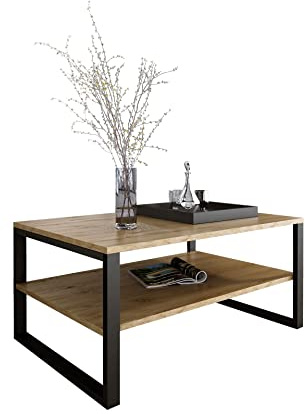 Design Möbel Beistelltisch Couchtisch Rechteckig Wohnzimmertisch Kaffeetisch Modern Sofatisch Tischplatte Tisch mit unterer Ablage Beine aus Metall Industrieller Stil Basic (Eiche Eternal)