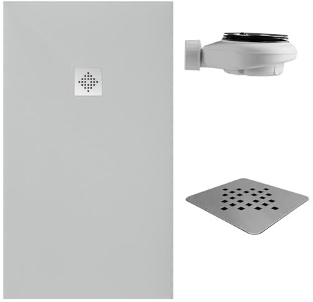 SoulHome Duschwanne Kunstharz 120x100 Lichtgrau Standard-Abdeckung | Rutschfest C3, extraflach, Mineralguss, Schieferstruktur, antibakteriell, Gel-Coat-Beschichtung, inklusive Ablaufgarnitur