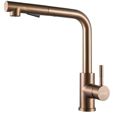 KINSE Kitchen Mixer Tap with Pull-Out Spray Head, Stainless Steel Kitchen Sink Faucet, Single Lever, 2 Jet Types, 360° Swivel, Rose Gold