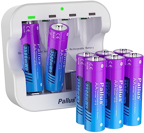 Pallus Piles Rechargeables AA Au Lithium 1,5V De, 8 Piles AA Au Lithium avec Chargeur Rapide Ultra Type-C De 1,8H, 3500mWh Et 1600 Cycles Longs, Sortie Constante
