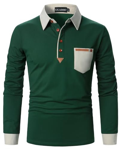 UUAISSO Poloshirt Herren Langarm Polo Shirts Baumwolle Farbe Nähen Tasche T-Shirt Slim Fit Golf Grün L