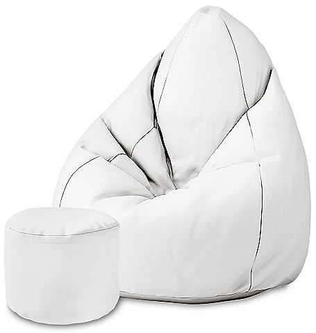 DreamRoots Sitzsack für Kinder und Erwachsene - Sitzsack mit Füllung, Lehne, Hocker und Bezug - Oxford Stoff 220 gr/m2 Wasserdicht - Sitzkissen Boden - Chill Sack M, Weiß